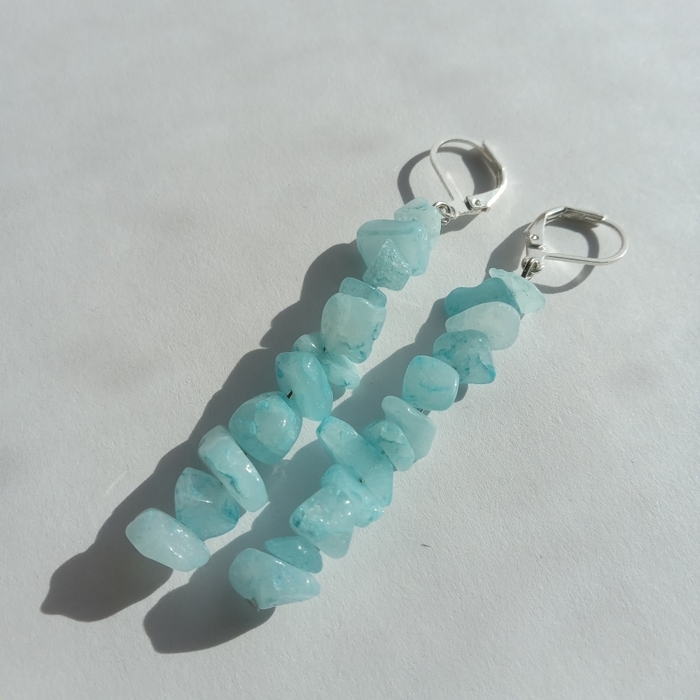 Blue stone chip earrings with hypoallergenic silver plated earwires boho western - Picture 2 of 4